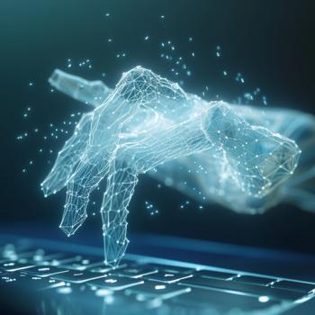 Pixelated AI hand typing on a keyboard